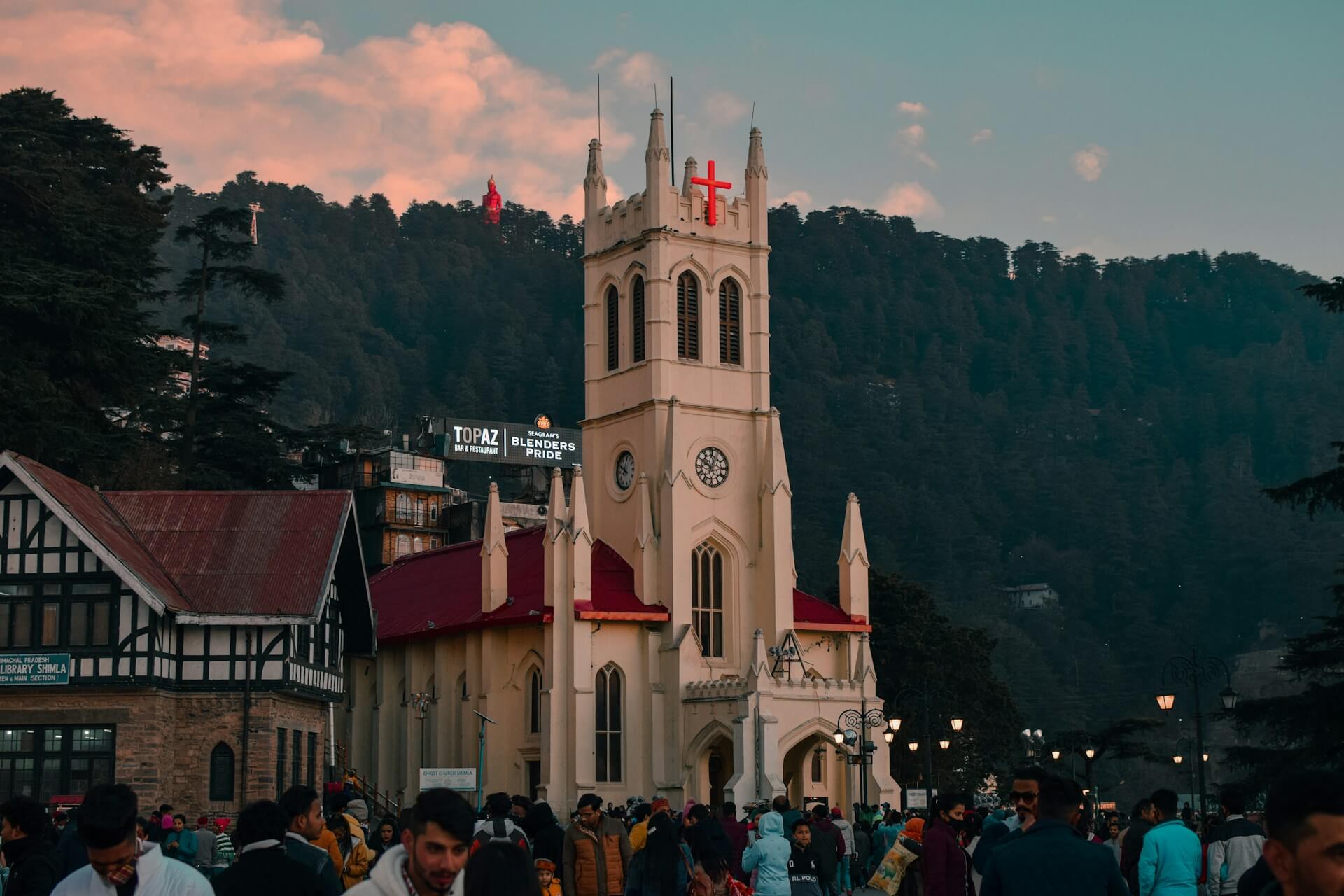 Mall Road Shimla pedestrian promenade colonial buildings shops cafes