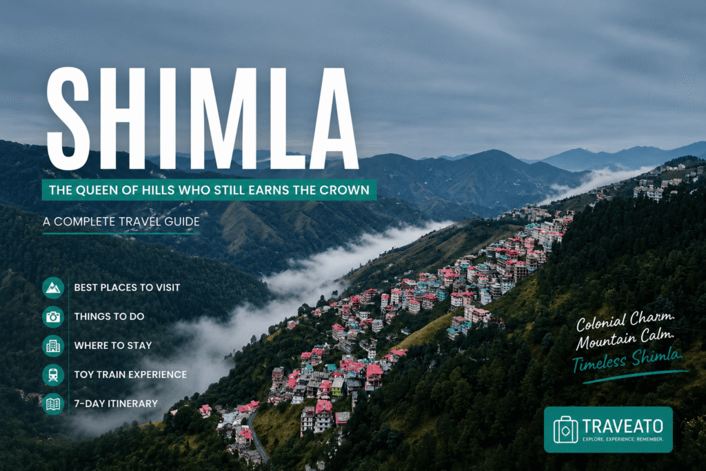 Shimla travel guide featuring misty mountains, pine forests and hillside town views in Himachal Pradesh