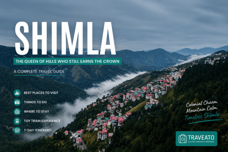 Shimla travel guide featuring misty mountains, pine forests and hillside town views in Himachal Pradesh