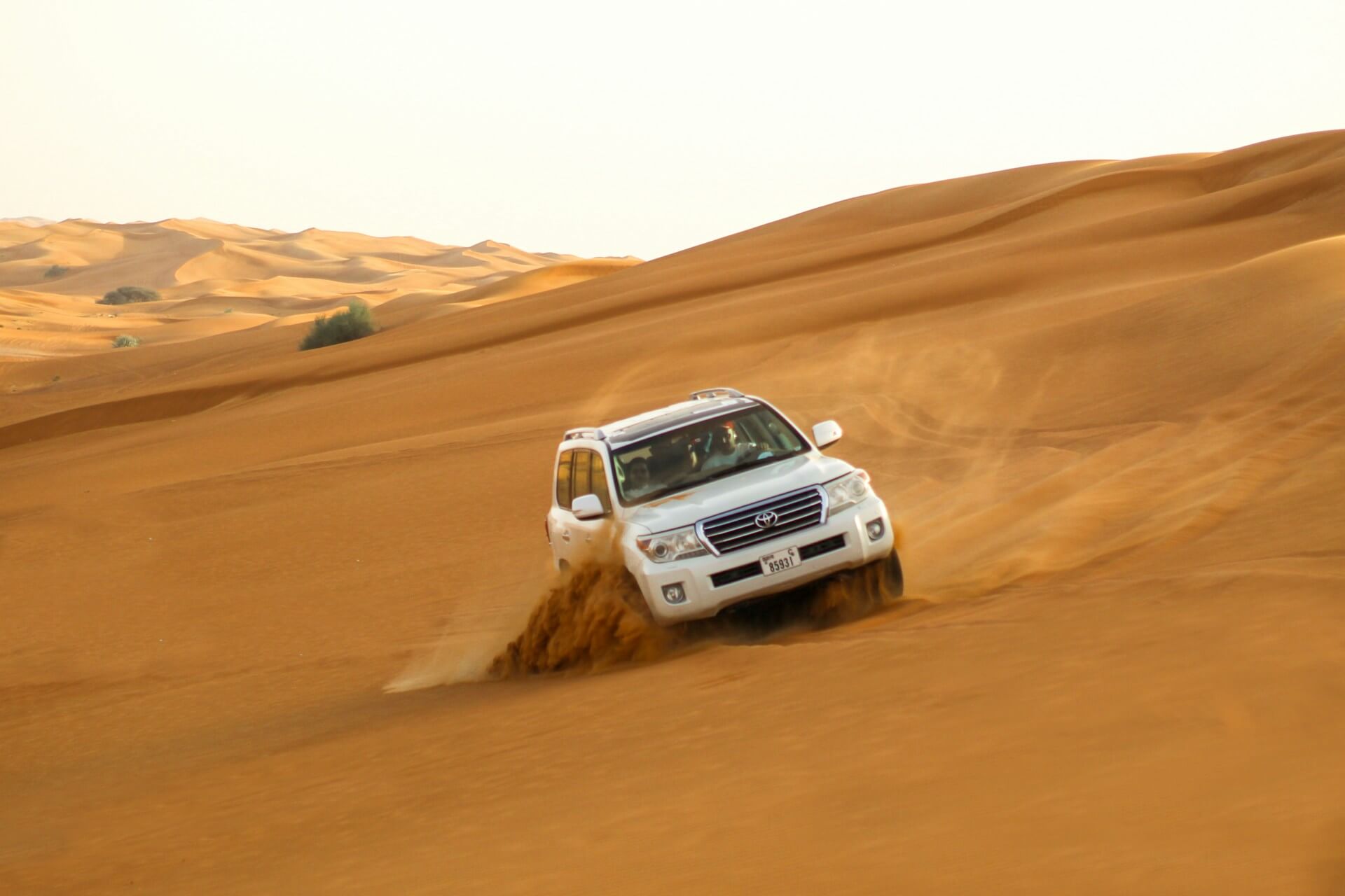 A 4x4 dune-bashing over the orange sands on a Dubai desert safari at sunset