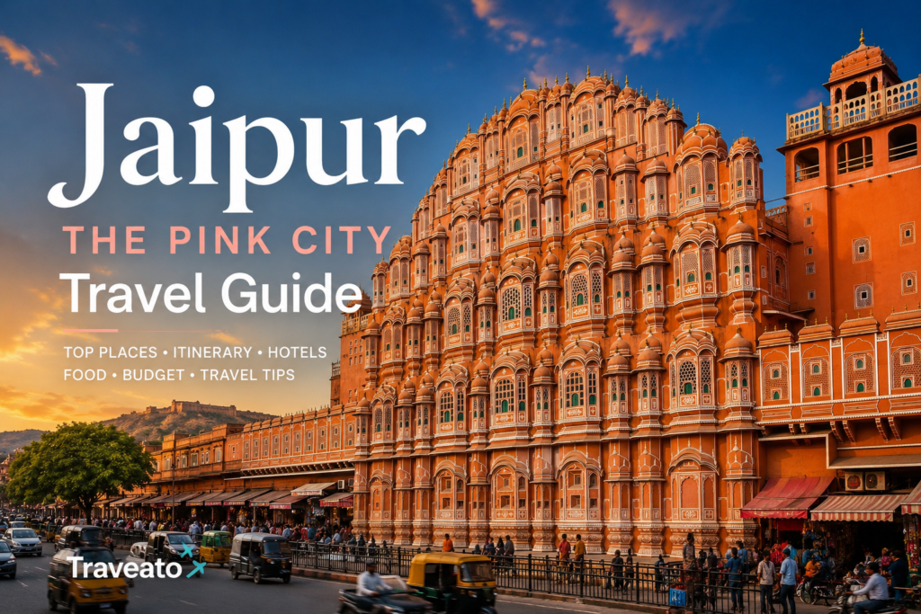 Hawa Mahal in Jaipur, Rajasthan, showcasing its iconic pink sandstone facade and intricate windows in the heart of the Pink City.