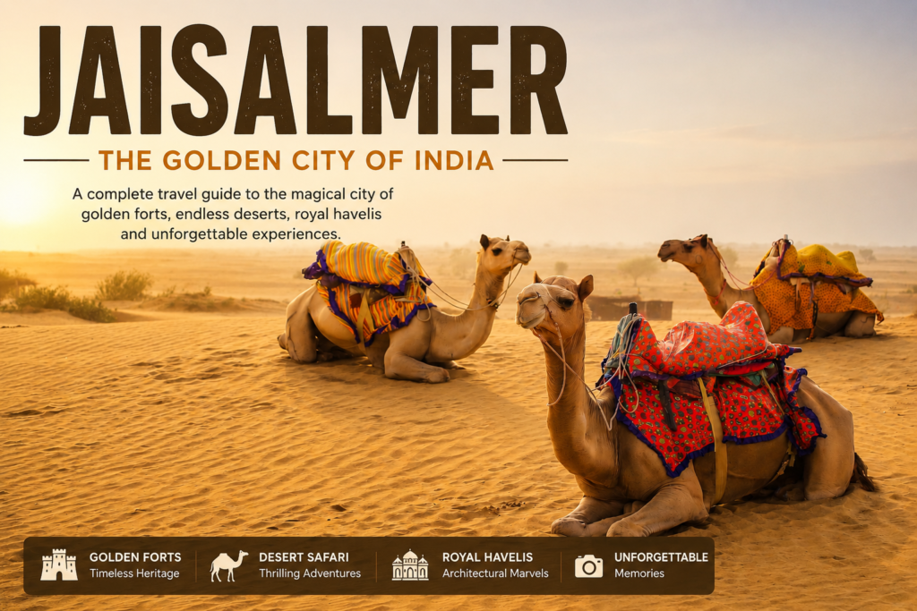 Camels resting on golden sand dunes in Jaisalmer, Rajasthan during a desert safari experience in the Thar Desert.