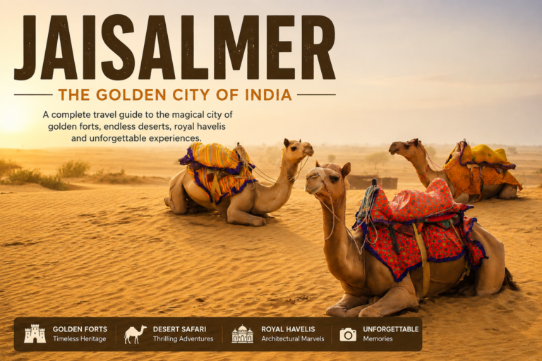 Camels resting on golden sand dunes in Jaisalmer, Rajasthan during a desert safari experience in the Thar Desert.