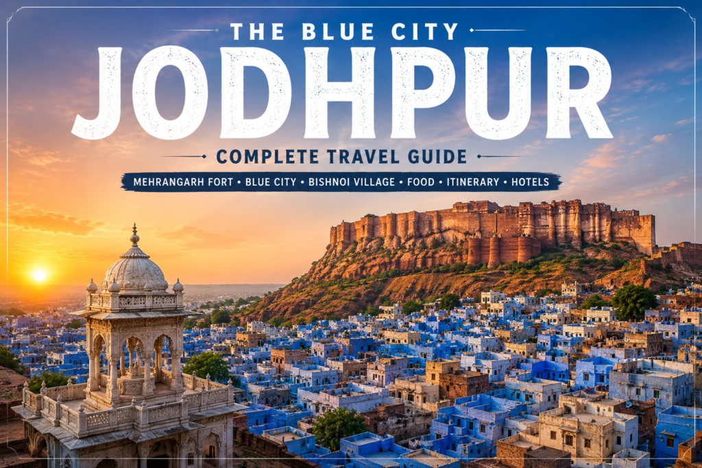 Jodhpur Blue City skyline with Mehrangarh Fort overlooking the iconic blue houses of Rajasthan.
