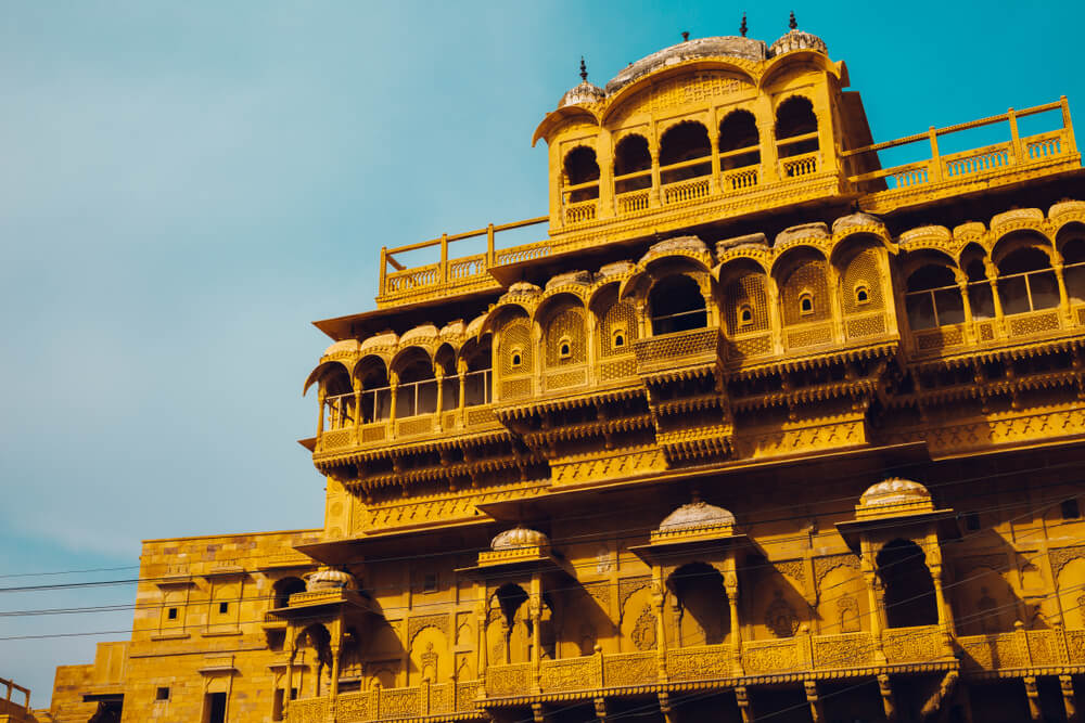 Jaisalmer Fort interior Raj Mahal palace courtyard golden sandstone columns