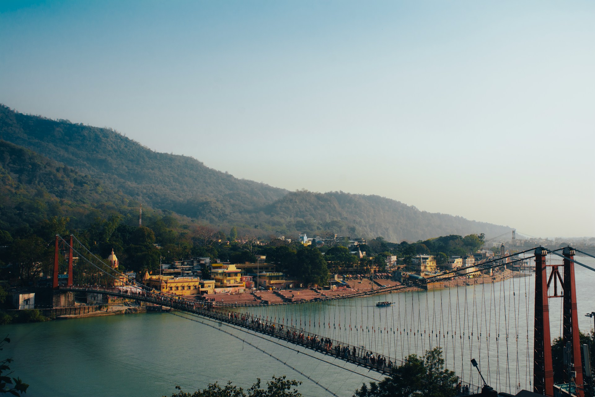 Ram Jhula suspension bridge Rishikesh Ganges ghat Parmarth Niketan ashram India