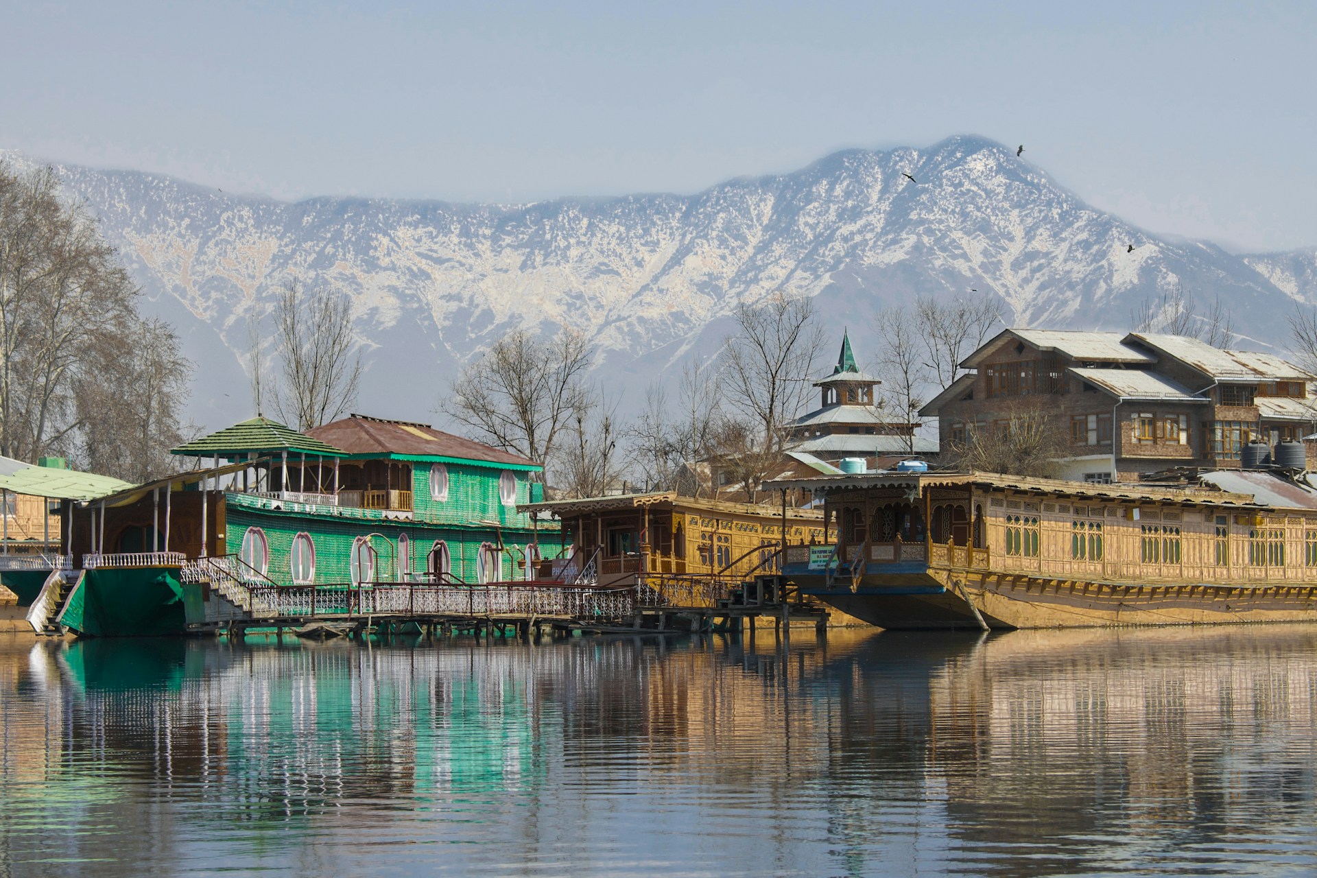 Shikara boats on Dal Lake in Srinagar with houseboats and the Zabarwan mountains behind