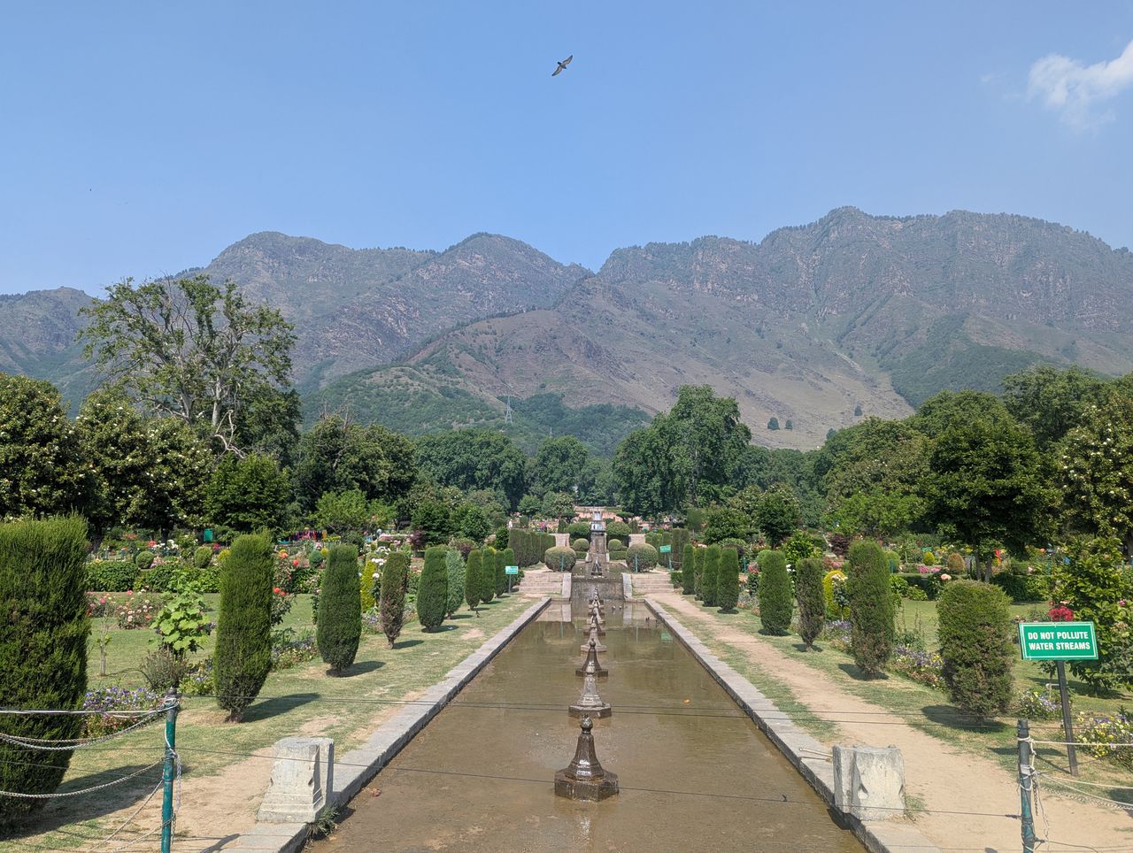 Terraced lawns and fountains of Nishat Bagh Mughal garden beside Dal Lake in Srinagar