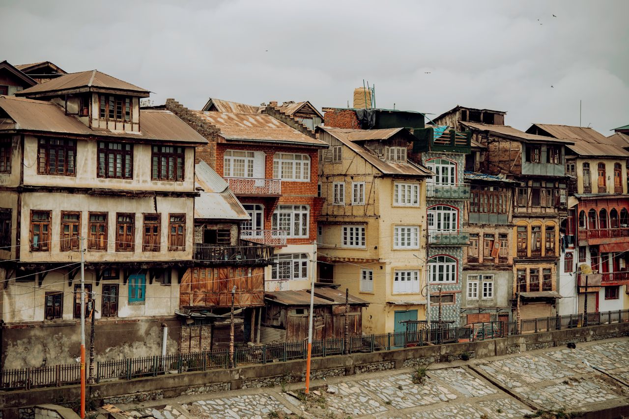 The wooden pillars and courtyard of Jamia Masjid in the old city of Srinagar