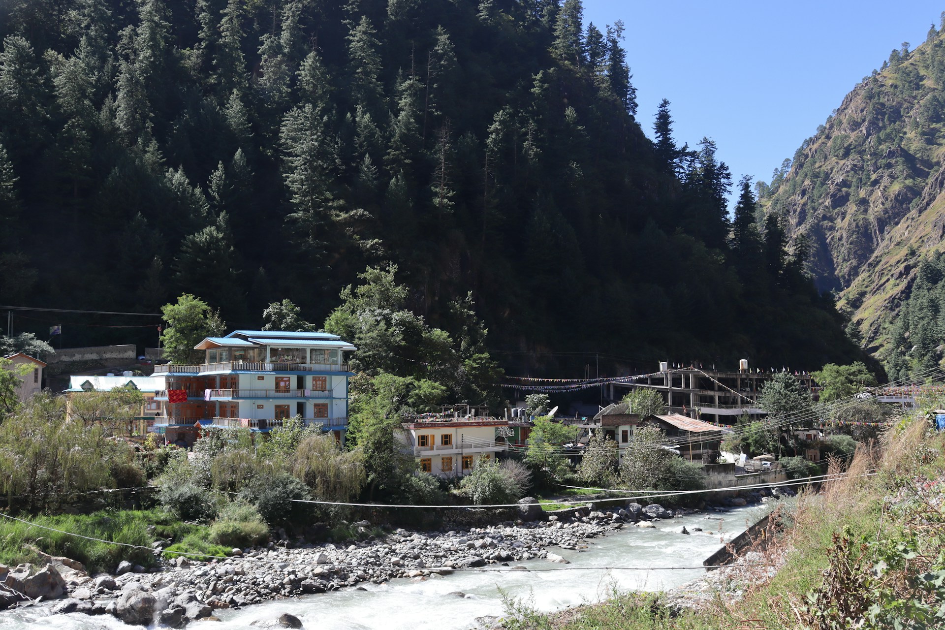 Chalal village trail Kasol Parvati River camping backpackers pine forest