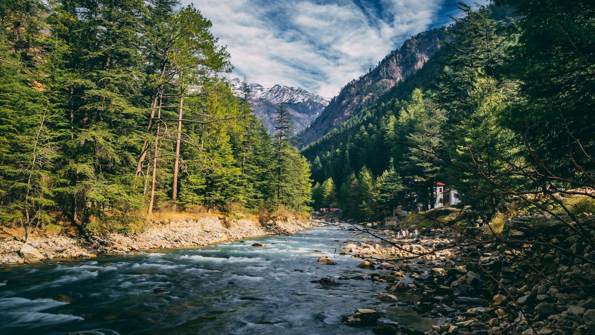 Kasol Parvati Valley aerial view Himachal Pradesh river pine trees mountains